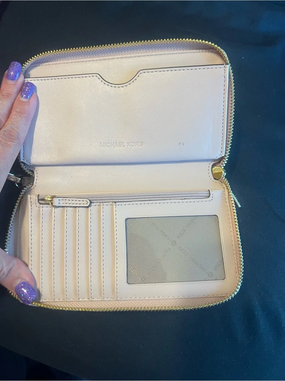 Michael Kors Beige Logo Zip Wristlet with Gold Hardware